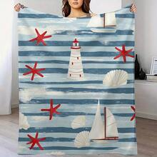 Nautische Seestern-, Segelboot- und Leuchtturm-gestreifte Flanelldecke – ultraweich, gemütliche Decke für Bett, Sofa, Stuhl, Camping, Büro & Geschenke – vielseitige Ganzjahresdecke mit nautischem Thema, nautische Wohnkultur |   Maritimes Design |   Weiche Textur, Stranddecke