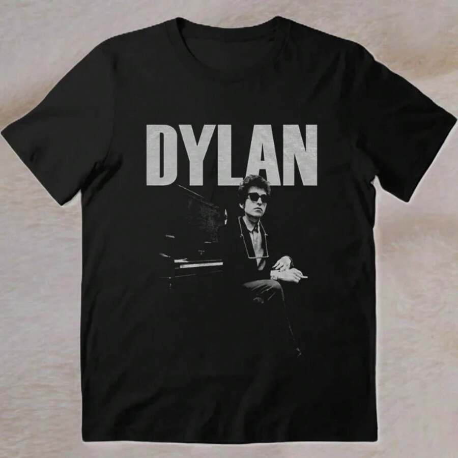 Bob Dylan With Piano 80s Style Retro Full Size Black Shirt.Jpg - Black - View 1