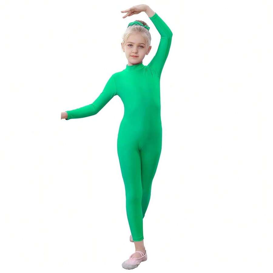 YgneeDom Kids Girls One Piece Spandex Unitards, Long Sleeve Turtleneck Unitard, Full Body Catsuit, Dance Leotard Costumes{"Color_name":"GreenNew","Size_name":"XX-Large"} - 格林紐 - 查看 1