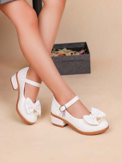 Girls' Fashion Elegant Bow Tie High Heel Shoes, Suitable For Spring/Autumn Children's Dance Party Dress Shoes, Fit For Toddler, Little & Big Girls, Formal Dress, Recital, Ballet, Princess Shoes With Pearl