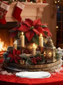 1 Stück elegante Acryl Weihnachtsmittelpunkt Dekoration - Feiertags Kerzenhalter Deko mit beleuchteter Kerze, Poinsettie und Beeren, goldene Akzente, geeignet für Zuhause und Büro, vielseitige Feiertags Dekoration