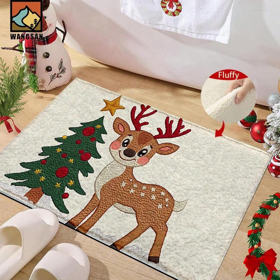 1pc/2pcs Christmas Deer With Tree Pattern Bathroom Anti-Slip Mat, Faux Cashmere Material, Plush Decoration Suitable For Bathrooms, Doorways, Kitchens & Festive Decorations, Machine Washable, Gift Idea