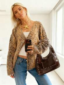 Cardigan en tricot boutonné à col en V et imprimé léopard pour femme, à la mode automne/hiver