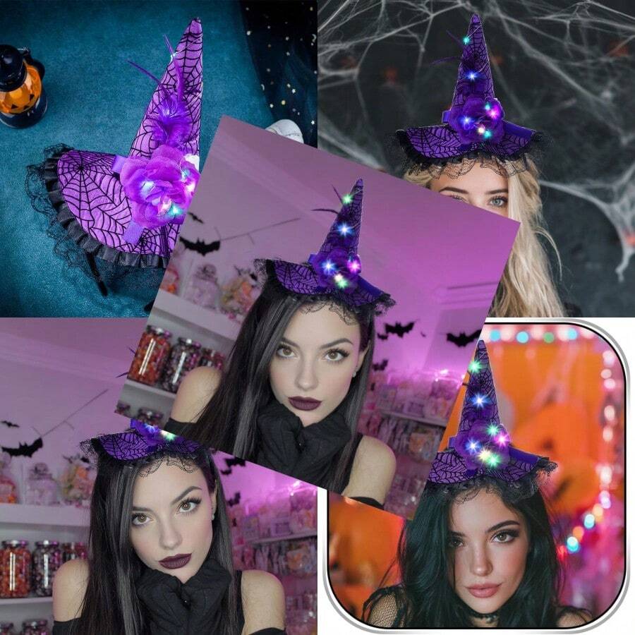 Halloween Witch Hat Headband Light Up Witch Hairband Glitter Lace Flower Feather Headpiece For Women