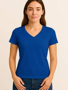 Women's Basic Short Sleeve V-Neck Blouse - Blue - View 1