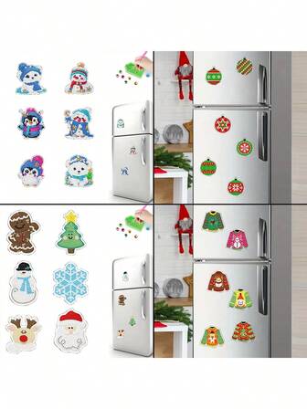 1/4pcs 6pcs Set Exquisite Diamond Painting Magnetic Christmas Fridge Decor, 5D DIY Shiny Diamond Craft Kit, PET Material, Beginner Handcraft Skill Improvement, Fridge Decoration Ideal Accessory - Christmas Gift