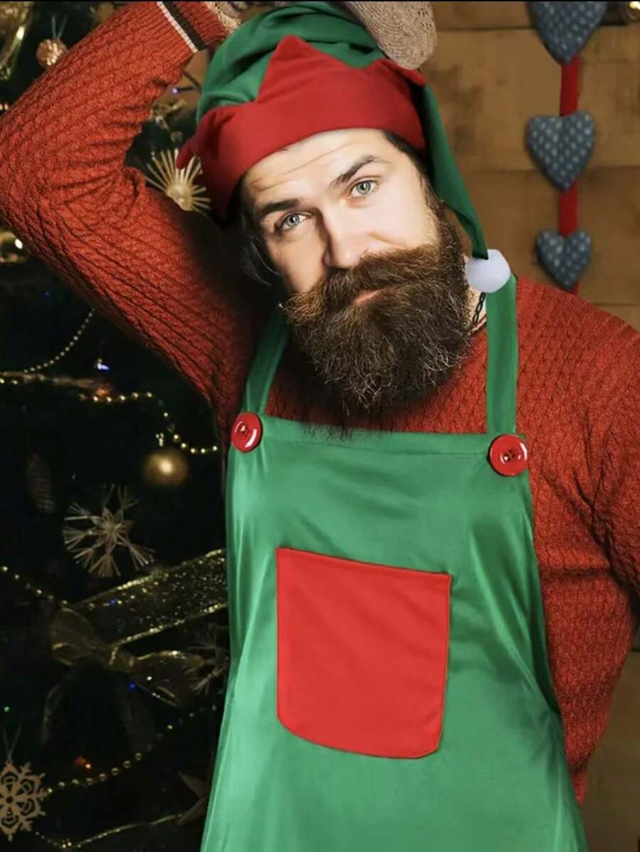2 Pieces Unisex Christmascostume Set, Featuring A Festive Green Apron With A Red Pocket And A Santa Hat, Perfect For Holiday Party Accessories.