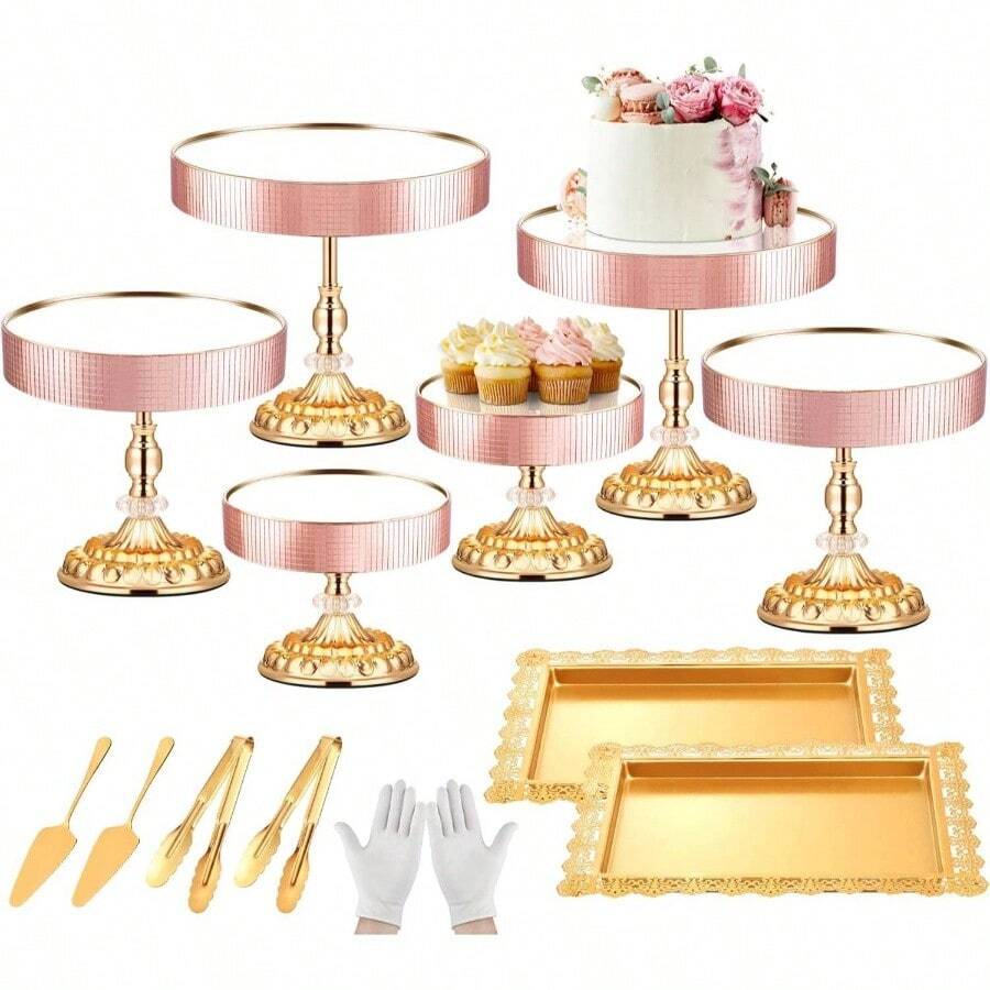 12 Pieces Gold Cake Stand Set, Vintage Cake Display Stand With And Cupcake Display Tray, Dessert Table Display Set Wedding Party Shower Anniversary Celebration - 金-E - 查看 1