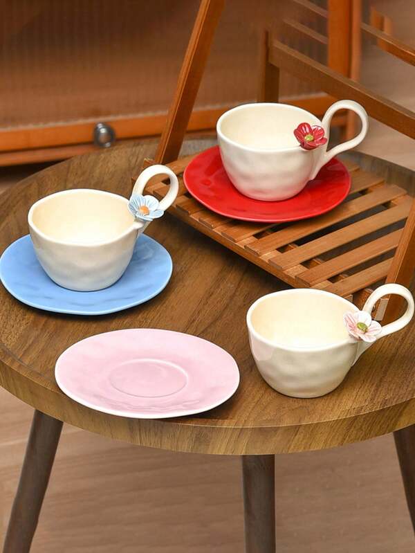 1 Juego de taza y platillo con flores hechas a mano de forma creativa, adecuado para el hogar, la cocina, el comedor, la sala de estar, regalos, ideal para té, café, leche, jugo, bodas, cumpleaños