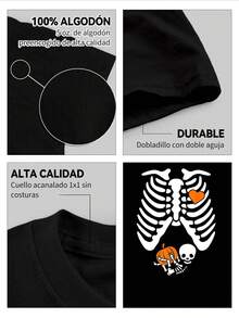 Camisetas casuales para hombres de 250g de algodón puro, gruesas y cómodas, con estampado de tórax de esqueleto, calabaza y esqueletito, estilo humorístico de Halloween - Negro - Ver 3