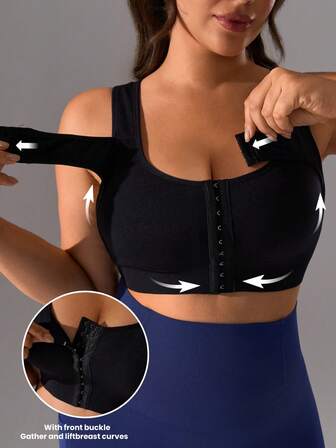 1 pieza Sujetador deportivo con ajuste ceñido y absorción de impactos, adecuado para ciclismo, yoga y fitness, con botones delanteros ajustables y diseño sin costuras para mujeres de talla grande