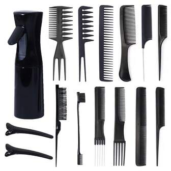 15件套专业沙龙造型套装，包括10把黑色美发师造型梳、高压喷雾瓶、分区夹和顺发梳，适用于所有发质和发型，是沙龙的理想之选。