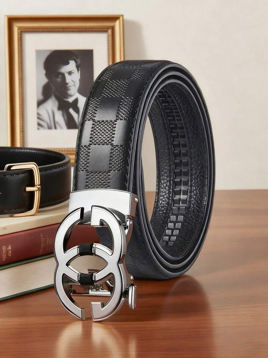 1 Piece Of Men's Letter Alloy Automatic-Buckle Adjustable Waist Belt. It Is A Carefully Selected Men's Light Luxury Business And Fashion Leather Belt, With A Length Of 120cm/47.24 Inches. Durable In Use, It Is Suitable For Daily Wear And Party Outfits, Applicable To Any Occasion. This Jeans Belt Is An Excellent Gift Choice. - Gold - View 1