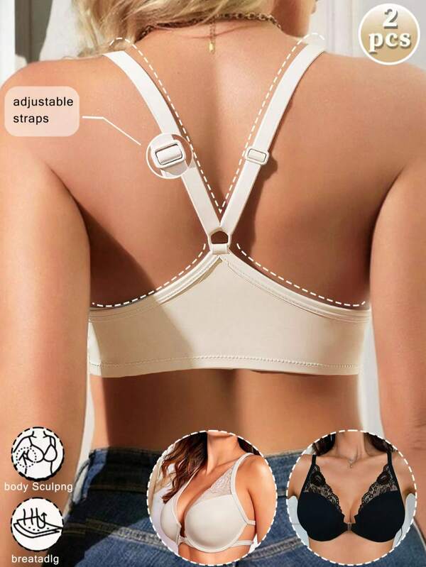 2 piezas Sujetador con cierre delantero de encaje, sujetador inalámbrico sexy y de soporte elevador