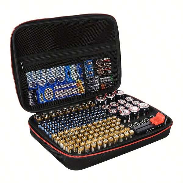 Caja de almacenamiento de baterías negra, estuche organizador de baterías de material EVA que se adapta a talla grande de 200 baterías, incluidas AA, AAA, C, D, 9V, pilas tipo botón, bolsa de almacenamiento portátil
