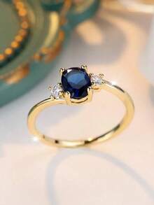 Valentine's Day 1pc Luxury Oval Sapphire Blue Cubic Zirconia Ring, Exquisite For Weddings, Parties, Holidays, Everyday Wear, Durable & Shiny Accessory - Royal Blue - View 7