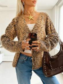 Cardigan en tricot boutonné à col en V et imprimé léopard pour femme, à la mode automne/hiver