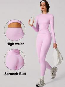 NcmRyu Set Women Simple Solid Color Sports Top And Pants Base Set Yoga Daily - 粉色 - 查看 1