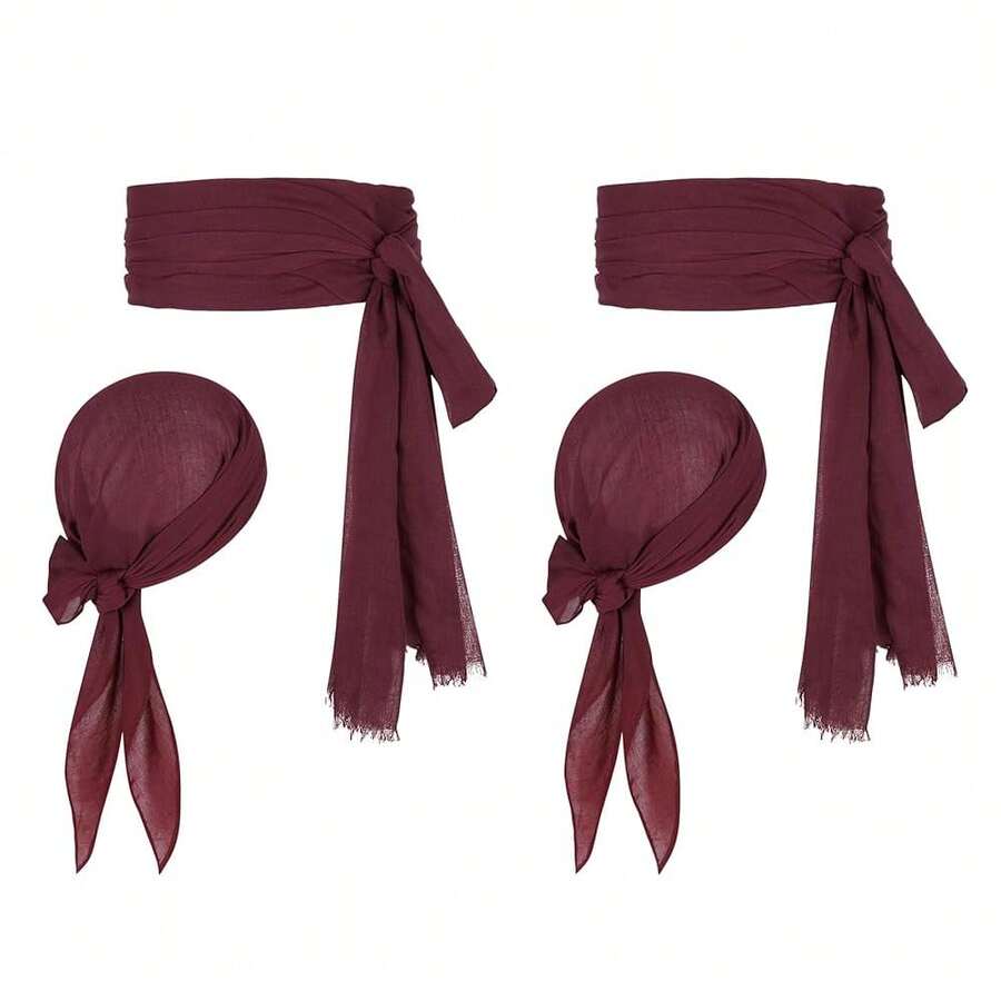 Zando Pirate Accessories Women Men Teens - Pirate Bandana Head Scarf Hat Belt Sash For Halloween Renaissance Themed Cosplay{"Size_name":"OneSize","Color_name":"02WineRed"} - 02酒紅色 - 查看 1