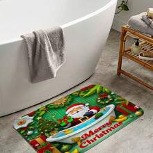 1pc/4pcs Green Christmas Shower Curtain Set: Santa Claus Bathtub Gift Theme, Elegant Housewarming Shower Curtain Gift, Modern Home Bathroom Decor Curtain, Shower Curtain With 12 Hooks, Non-Slip Bath Mat, U-Shaped Toilet Mat, Toilet Lid Cover, Bathroom Decor Set