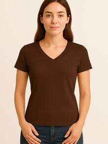 Women's Basic Short Sleeve V-Neck Blouse - Rust Brown - View 1