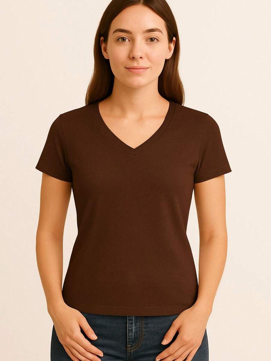 Women's Basic Short Sleeve V-Neck Blouse - Rust Brown - View 1