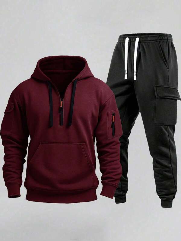 Men's Casual Half-Zip Hoodie Sweatshirt And Cargo Pants Set, Fashionable Outdoor Suit, Fall Clothes