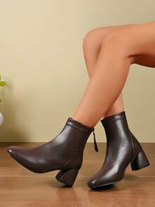 Botas femininas, botins, sapatos femininos, sapatos de casamento, botas de salto, botas de inverno com plataforma e salto grosso em marrom liso, botas de salto alto da moda para mulheres com sola confortável, sapatos casuais para o frio, peça essencial para o guarda-roupa de todas as estações, Halloween, Natal - Castanho - Ver 4