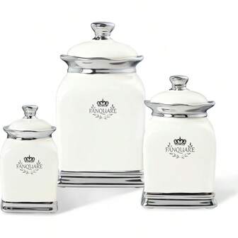 Fanquare White Canisters Set Of 3 Farmhouse Porcelain Cookie Jars For Countertop Large Ceramic Sugar Container With Lid Spice Jar With Label