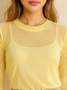 Tulle Busa Long Sleeve Pastel Colors Candy Color Spring Color Block - 黃色 - 查看 2