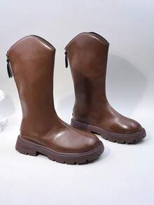 1 Pair Brown Girls' Tall Warm Thermal Lined Boots, Fashion Letter Print Anti-Slip Rubber Soft Sole Leather Patchwork Lining, Easy Pull-On Design, Round Toe Soft PU, Cute High-Top Princess Leather Boots, Suitable For 3-15 Years Old Girls, Casual, School, Holiday, Party, Autumn/Winter 2025 New - Brown - View 8