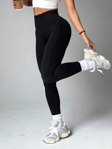 3pcs Black Seamless Stretchy Sports Leggings, Lightweight And Elastic To Enhance Butt And Abdomen Lines Fall - Black - View 4