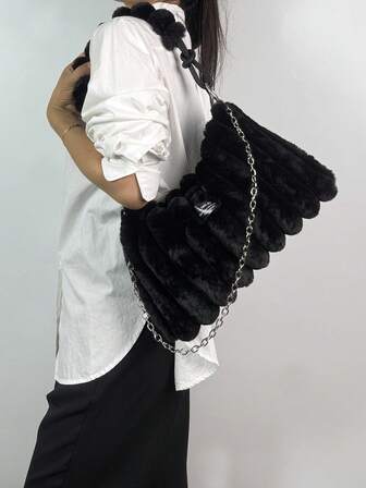 1 pieza Bolso de mano de piel de conejo para mujer, otoño/invierno, de alta calidad con cremallera y bolso grande, correa desmontable, disponible en burdeos, marrón, rosa, negro con efecto tie-dye, adecuado para mujeres y niñas, se puede usar como bandolera o de hombro