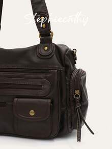 STEPHIECATHY Tas Selempang Wanita, Ukuran Kecil, Unisex, Gaya Retro Kasual Praktis, Cocok untuk Perjalanan Sehari-hari ke Kampus, Terbuat dari Kulit Imitasi PU Lembut Warna Polos, Penutup Resleting, Desain Multi-Saku, Dua Tali Bahu Pendek, Sabuk Pinggang yang Dapat Diatur. - Kopi - View 3