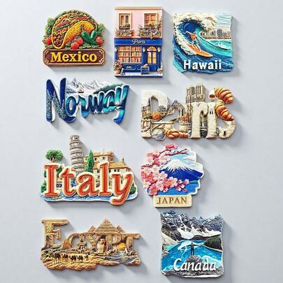 1pc Global Travel Series 3D Stereo Fridge Magnet, Egypt Pyramids & Camel, Norway Snow Mountain & Aurora, Italy Tower, France Paris Breakfast & Bookstore, USA Hawaii Surfing, Mexico Taco, Canada Rocky Mountains, Japan Mt. & Cherry Blossom, Strong Magnetic, Indie Design, Suitable As Travel Souvenir, Home Decor, Or Creative Gift