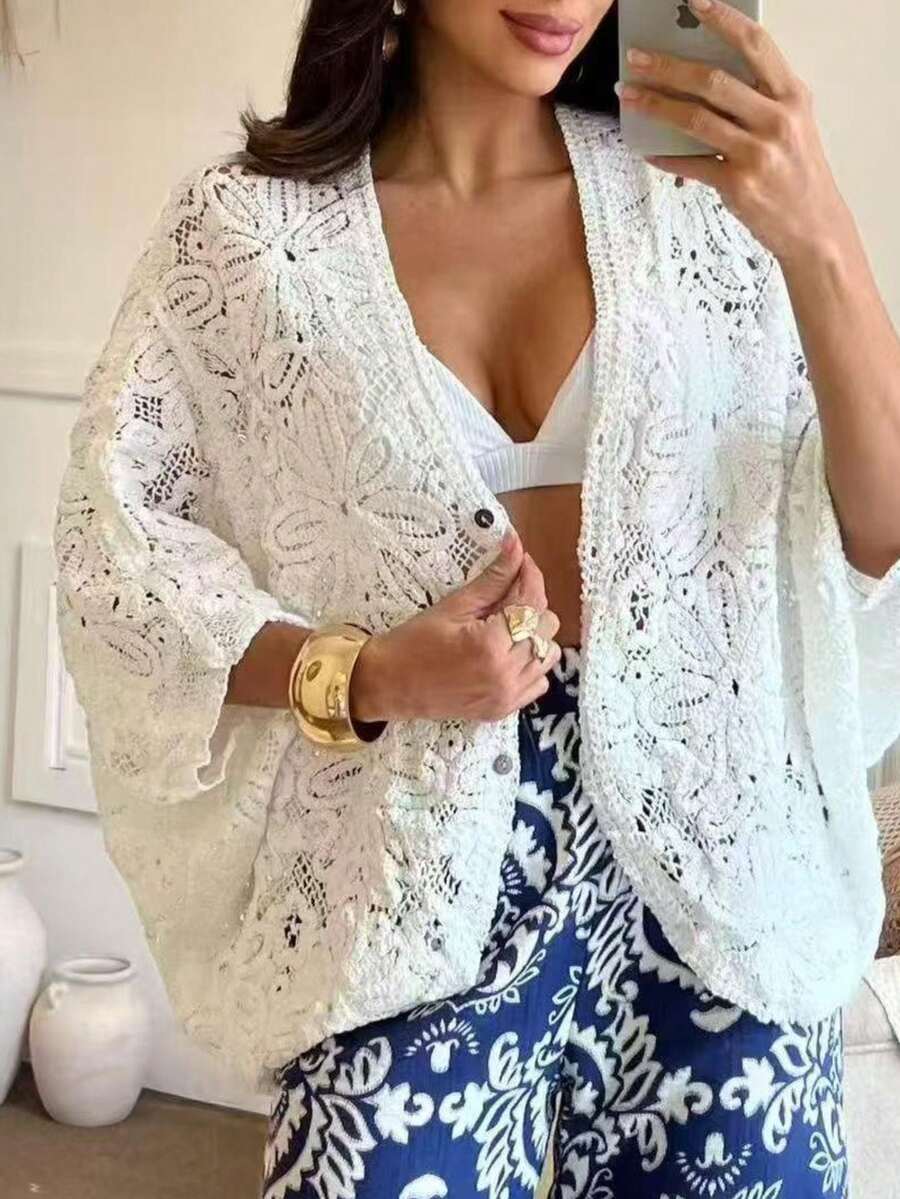 ANJO&M FASHION Crochet Kimono Sizes S/M G/Gg Simple Openwork Fabric Beach Holidays - 白色 - 查看 1