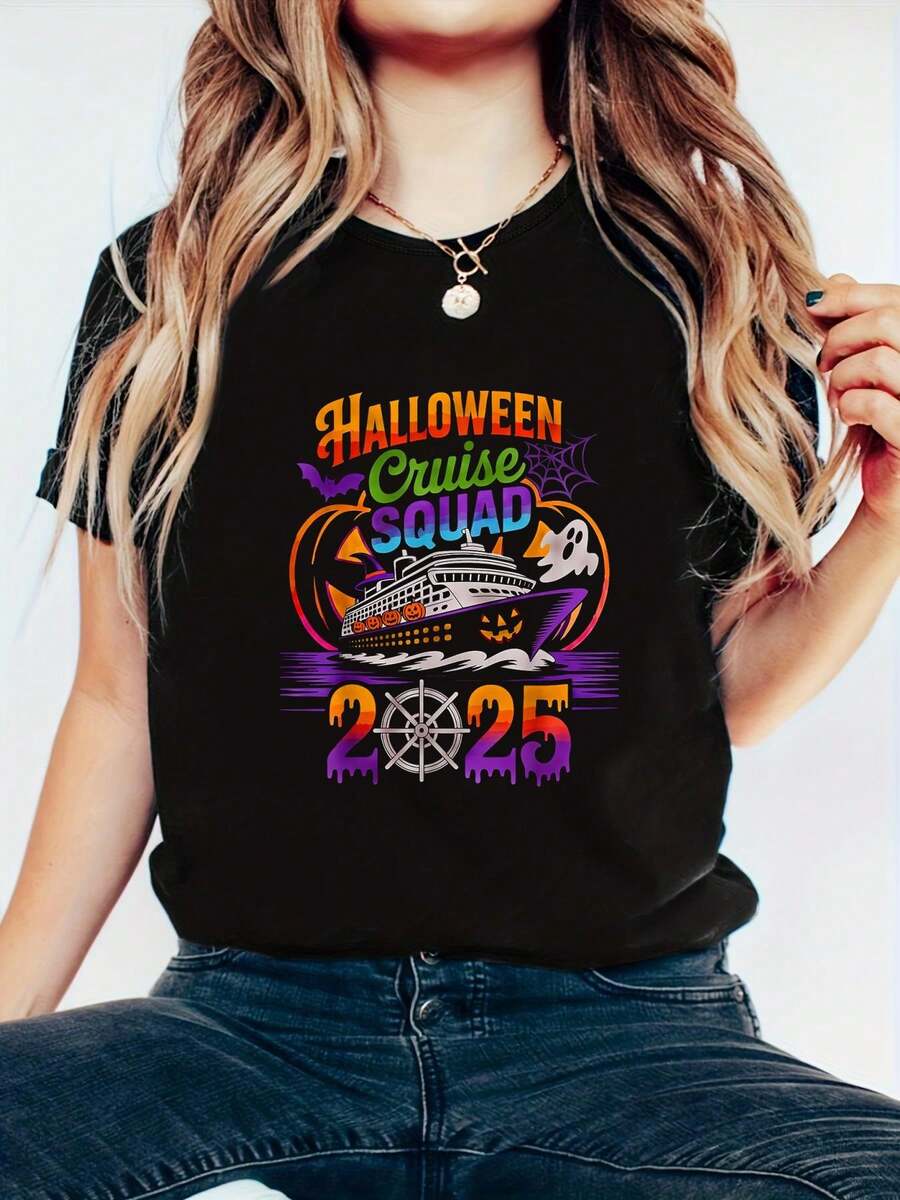 Halloween Cruise Squad 2025 Matching Cruising Crew Vacation T-Shirt - Maple Leaf And Pumpkin Print T-Shirt, 100% Cotton, Autumn Halloween Women's Top - Black - View 1