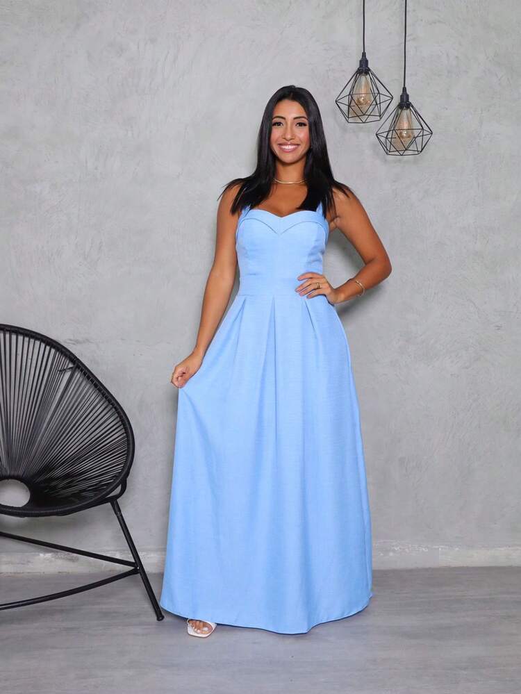 vestido femenino longo luxo tecido duna linho  Casamento  Festa de aniversário - Azul bebê - Visão 1