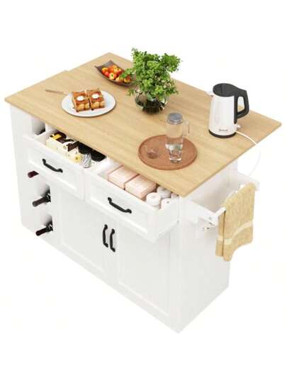 Kitchen Isl Cart Equipped Power Strip, Cabinet, Removable Serving Wine Rack, Buffet Dining Wood Grain, Wit view 6