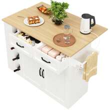 Kitchen Island, Kitchen Cart Equipped With Power Strip, Kitchen Cabinet, Removable Serving Cart With Wine Rack, Buffet Cabinet, Dining Cart With Wood Grain, Buffet Cabinet, White - White - View 6