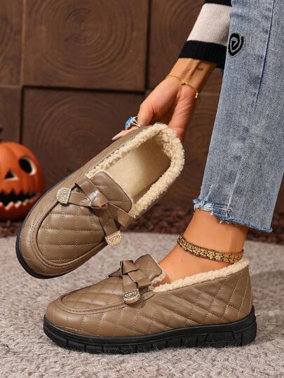 Women's Winter Waterproof Warm Wear-Resistant Snow Boots, Black Versatile Style With Bow Decor, PVC Shallow Mouth Low-Top Outdoor Snow Boots