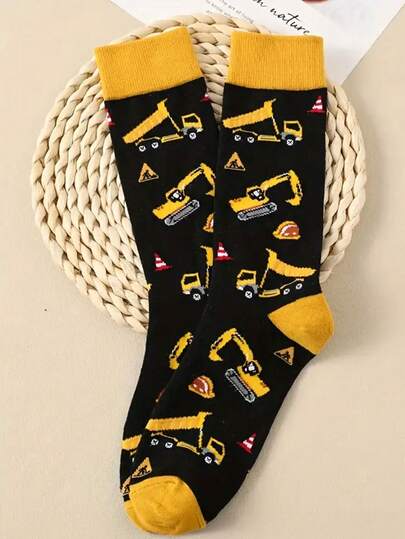 1 Pair Of Unisex Fashion Novelty Socks, Funny Excavator Patterned Men Women Gift Socks, For Outdoor Wearing & All Seasons Wearing