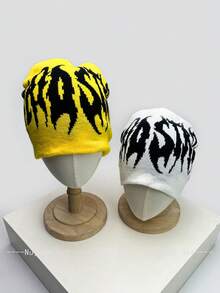 1顶秋冬季个性化美式火焰字母针织帽，保暖设计，男女通用嘻哈街头风防寒帽，冬季服装 - 彩色 - 查看 3
