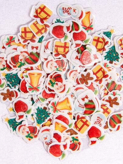 100 piezas de decoraciones de papel de oblea para pasteles de Navidad, Papá Noel, muñeco de nieve de Navidad, árbol de Navidad, bolsa de regalo de Navidad, calcetín de Navidad, hombre de jengibre, campana de Navidad. Decoraciones con temática navideña para pasteles, donas, helados, magdalenas