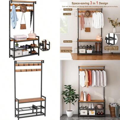 Coat Rack Shoe Bench Hall Tree With Detachable Shelf 3in1 Entryway Shoe Rack Shelf Mudroom Garage Storage Organizer 33.1" L X 11.8" W X 71.5" H Vintage