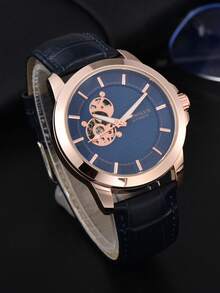 LONGLUX 1 pieza Reloj de hombre con correa de cuero automático mecánico impermeable, de alta gama y casual - Azul - Ver 5