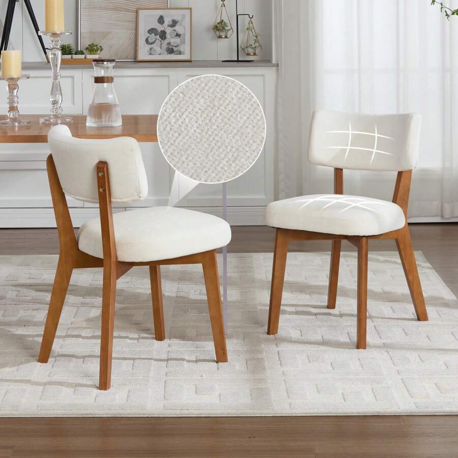 Set Of 2 Mid-Century Modern Style Dining Chairs, Solid Wood Legs, Fabric Upholstered For Kitchen, Dining Room Or Office - Beige + Wood - View 1