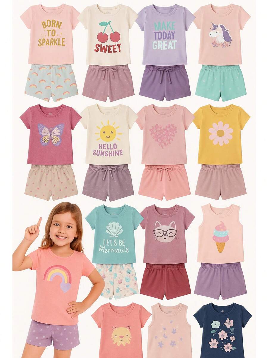 Kit 6 Assorted Pieces For Girls - Summer Children's Set - 3 Blouses + 3 Shorts - Ages 1 To 16 - Multicolor - View 1