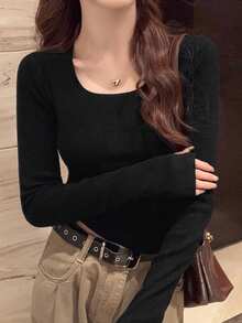 女式新款春秋修身高领针织毛衣，高品质分层上衣 - 黑色 - 查看 2
