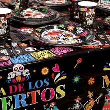 170pcs Day Of The Dead Party Supplies, Dia De Los Muertos Decorations, Disposable Paper Tableware Set, Birthday Decorations, For Themed Party, Birthday Gift, Party Favor, Party Tableware, Disposable Food Tray, Birthday Cake Tray, Skull Party Plates Napkins Cups Knives Forks Spoons Party Decoration For Mexican Fiesta Halloween Birthday Party - 骷髏 - 查看 4